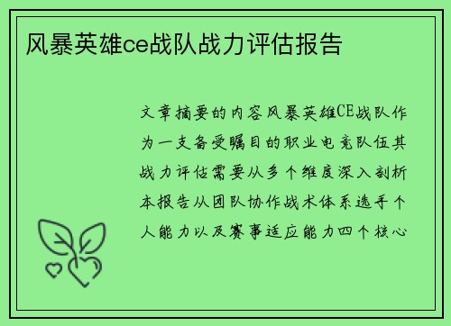 风暴英雄ce战队战力评估报告